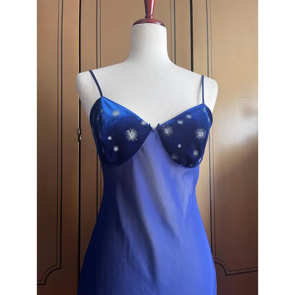 Vintage sheer nightgown with velvet details in midnight blue, size S